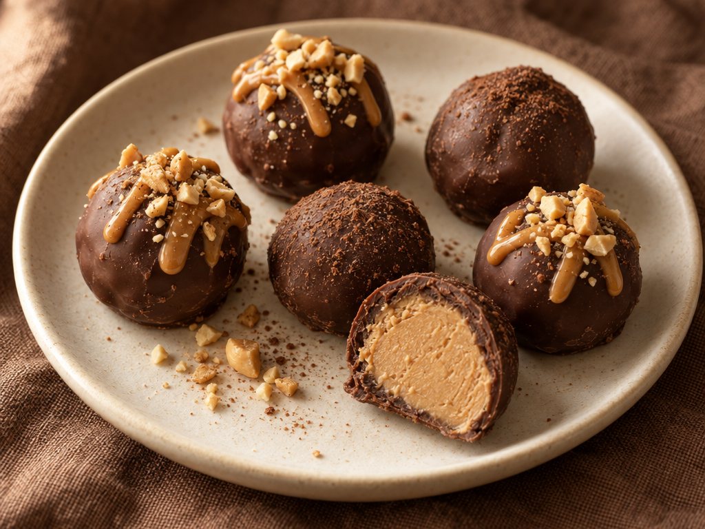 Chocolate peanut butter truffles on a cream plate, one cut open to show the peanut butter center