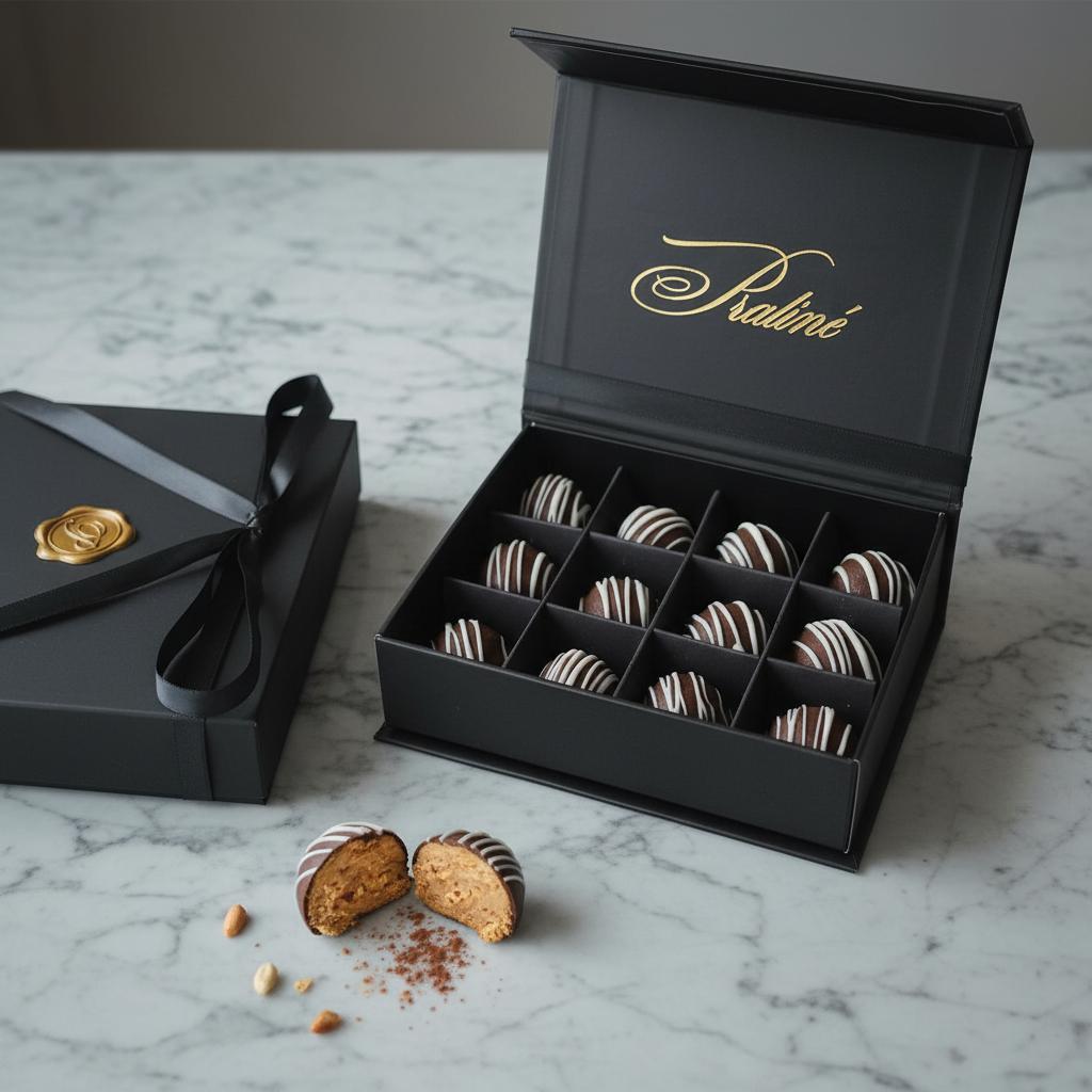 A Praline gift box of chocolate peanut butter truffles with white chocolate stripes, one truffle cut open to show the peanut butter center